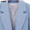 秋冬のウールのコート厚いキルティング特大の女性のための白い青いアウターダブルボタン長袖ウール秋ファッション210416