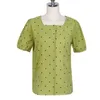 Kwadratowy Drukuj Zielona Koszula Femme Casual Vintage Kobiety Krótki Rękaw Bawełniane Dziewczyny Bluzka Plus Rozmiar Lato Bluzki TOP 210423