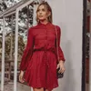 Vestido rojo a cuadros de manga larga con farol para mujer, vestidos elegantes de oficina con botones cortos a cuadros vintage para mujer 210427