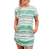 Kvinnors Striped Tie Dye T-shirt Klänning Casual O Neck Kortärmad Lös raka sommarklänningar med fickor Kvinnliga långa TEE Toppar 210507