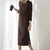 Höst Vinter Elegant Midi Long Strikkad Klänning Kvinnor O Neck Split Loose Casual Es Sleeve Sweater 210515