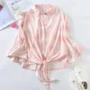 Za Sommer Tie Dye Knoten Hemd Frauen Vintage Langarm Unregelmäßige Rosa Shirts Frau Mode Button Up Casual Bluse Top 210602