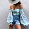 Elegante manga larga verano primavera chifón blusa camisa Mujer fuera del hombro playa Boho Tops Blusas De Mujer 210415