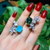 Cluster Rings Luxury Big Flower Zircon Ring For Women Green Crystal Blue Fusion Stone Adjustable Wedding Bridal Promise Fine Jewelry 2022