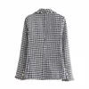 Fashion Houndstooth Blazer Women Elegant Tweed Coat Casual Double Breasted Suit Jacket Long Sleeve Female Chaqueta Mujer 210515