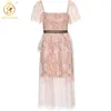 Vintage Elegant Rose Flower Pink Party Birghday Dresses Women Summer Embroidery Midi Dress Robe Vestidos 210520