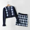 Sweet Two Pieces Set Elegant ruffle knitted Cardigan women high waist plaid skirt sexy and top set korean clothing 210521