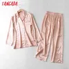 Kvinnors Solid Rosa Satin Shirt Pants Fashion Suit 2 Piece Set AI31 210416