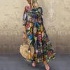 2021 Outono verão vestido plissado mulheres vintage vestidos robe impresso longo maxi vestidos plus size femme 3/4 túnica de manga