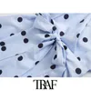 TRAF Women Chic Fashion Polka Dot With Belt Wrap Mini Dress Vintage V Neck Puff Sleeve Female Dresses Vestidos Mujer 210415