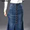 Harajuku vintage bodycon dames lange rok met hoge taille vrouwen rok trompet zeemeermin denim jeans rokken dames jupe femme 210412