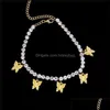 Anklets smycken ut tennis Anklet för kvinnor Rhinestone Crystal Butterfly Beach Sandaler Fotkedja armband smycken släpp leverans 2021 XE