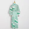 Woman long dress sashes green striped lantern sleeve vestidos boho Split maxi female autumn winter 210603