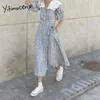 Yitimuceng Boho Floral Print Dresses Women Lace Up High Waist Short Flare Sleeve Blue Summer Fashion Elegant Midi Dress 210601