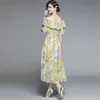 Summer Vacation Runway Women Sexy Dew Shouder Slash Neck Floral Print Elegant Ruffles Elastic Waistline Chiffon Long Dresses 210514