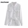 Aachoae Streetwear 100% coton Demim veste femmes à manches longues poches manteau avec ceinture solide col rabattu mode vestes 210413