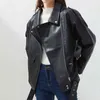Ailegogo vårhöstens överdimensionerade faux läderjacka med bälte kvinnor Casual Loose Biker Outwear Kvinna BF Svart Läder Coat 211118
