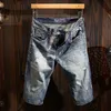 Été italien mode hommes jean rétro bleu détruit broderie déchiré Denim Shorts patchs Designer Hip Hop court 01B5