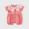 夏の赤ちゃんの女の子の格子縞のロンパース幼児の韓国のピンクのロンパース生まれた女の子の綿のボディスーツ子供ブティック服210615
