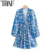 TRAF Women Chic Fashion Floral Print Pleated Mini Dress Vintage Puff Sleeves Backless Elastic Female Dresses Vestidos 210415