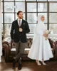 Sexy kurzes muslimisches Hochzeitskleid für Frauen, A-Linie, knöchellang, Satin, Boho-Strand-Brautkleid, langärmeliges Brautkleid mit Schleife