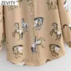 Women Vintage Animal Horse Print Breasted Shirts Office Ladies Long Sleeve Business Blouse Chic Female Tops LS9172 210416