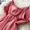 Zoete roze jurk zomer vrouwen mouwloze Koreaanse vintage geplooide lange jurken solide A-lijn party dames vestido femme 210519