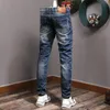 Herrenjeans Italienischer Stil Mode Männer Distressed Plain Elastic Slim Fit Ripped Retro Dunkelblau Vintage Designer Casual Pants216b