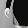 女性のセクシーなディープVネック長袖衣装包帯中空光沢のあるビーズメッシュドレスパーティーブラックミニ210525