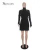 Turtleneck Bodycon Zima Dzianiny Kobiety Sweter Sukienka Flare Rękaw Złoto Przycisk Dekoracja Czarna Sukienka Kobieta Sexy Split Vestidos 210709