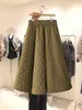 Korea herfst winter vrouwen rok elastische hoge taille rhombic geweven geweven katoen effen kleur A-lijn elegante rok vrouwelijke 211120