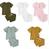 Moda Lato Noworodek Dziewczynek Chłopcy Odzież Ribbed Bawełniany Casual Krótki Rękaw Topy T-shirt + Spodenki Toddler Aubrant Outfit Set 391 U2