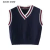 Preppy Style Navy Blue Stickad Sweater Vest Kvinnor 90s Vintage Koreanska Kläder Striped V Neck Tank Top Y2K Knitwear 210429