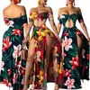 Kadın Elbise Boho Çiçek Baskı Kapalı-Omuz Kısa Kollu Hollow Split Uzun Maxi Akşam Parti Bayanlar Plaj Yaz Sundress 210522
