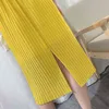 Falda plisada larga de verano Mujeres Estilo coreano Amarillo Elegante Cintura alta Estética Midi Split Femenino 210421