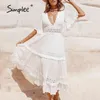 Casual Algodão Costura Bordado Maxi Bohemian Verão Branco Manga Curta Mulheres vestido de praia Sexy V-pescoço Vestidos 210414
