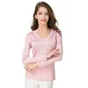 Suyadream 여성 T 셔츠 자연 실크 긴 소매 V 넥 솔리드 기본 셔츠 핑크 블루 퍼플 바닥 210406