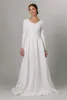 2021 Enkel A-Line Satin Modest Bröllopsklänningar Bröllopklänningar V Neck Långärmad Skräddarsydd Elegant