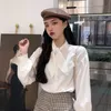 Bow Korean Blouse Women Casual Solid Office Lady White Shirt Fashion Autumn Clothes Elegant Long Sleeve Female Work Tops 210604