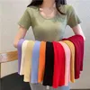 Wiosna i lato o Neck Ice Silk Pnit Koszulka z krótkim rękawem T-shirt Francuski Duży dekolt Slim Stretch Top Women 210512