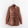 Vintage Elegant Women Brown High Quality PU Leather Jacket with Belt Fashion Motorcycle Female Pockets Single Breasted Coat 210520
