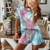 Survêtements pour femmes Tie-dye Imprimer Shorts Costumes D'été O-cou À Manches Courtes Décontracté Femme T-shirts Costume 2021 Poches À Cordon Dames Ensembles