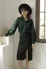 Fall Women Green Top Lantern Sleeve Blouse Button Up Collar Long Shirt Casual Autumn Ladies 210427