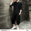 Coton lin solide été survêtement hommes 2020 hommes pantalon ample costume ensembles mâle mode décontracté Style chinois 5XL Y0831