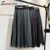 Vår sommar kvinnor koreansk stil elegant shinny mesh hög midja midi lång tulle pläterad kjol kvinna 210421
