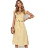 Zomerjurk Dames Mouwloze Casual Streep Jurken V-hals Golongage Midi Vrouwelijke Knielengte Vintage Sundress voor Dame