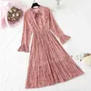 Spring Summer Women Print Pleated Chiffon Dress Fashion Female Casual Flare Sleeve Bow Vintage Basic Dresses 210521