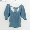 Women Square Collar Knitted Short Sweaters Sexy Backless Bow Bandage Crop Thin Summer Outwear for Female Fashion Top 210519