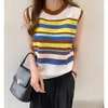 Yedinas Vintage pull rayé gilet O cou tricoté femmes coréennes sans manches Style féminin pull 210527