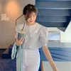 Корейский с коротким рукавом летняя блузка женская мода сладкие кнопки свободная синяя рубашка шикарный кукольный воротник лоскутные вершины 13846 210528
